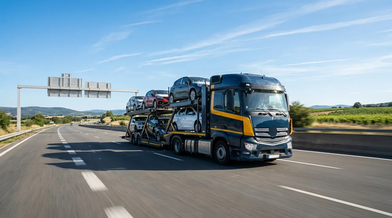 Camion porte-voitures transportant des véhicules sur autoroute en France